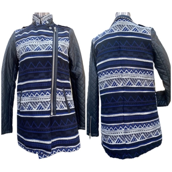 Vintage Forever 21 Black and Blue Aztec Pattern Vegan Leather Jacket NWT S - Picture 6 of 7